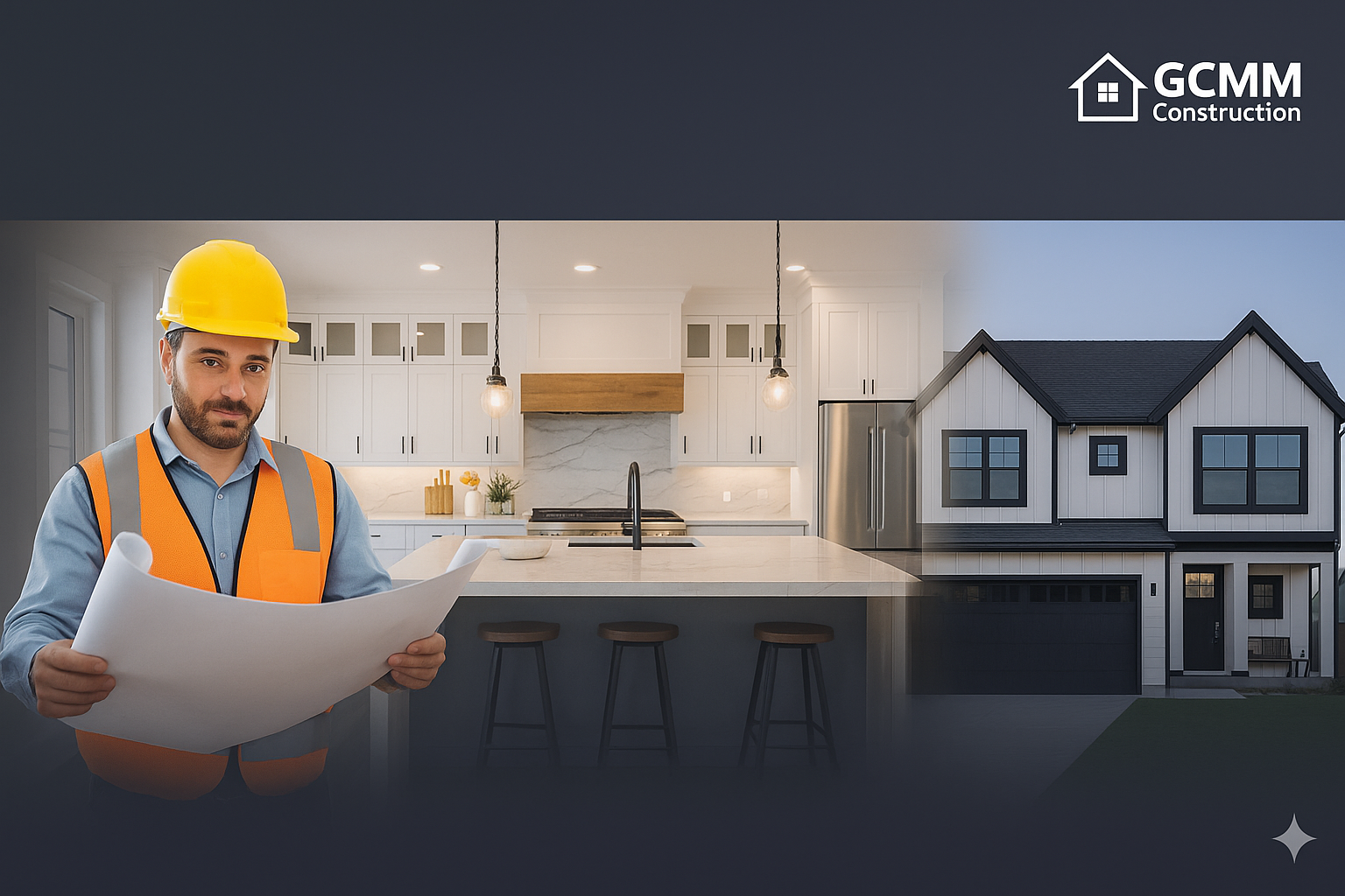 A construction worker in a hard hat holds blueprints in front of a modern kitchen and a two-story house exterior. The GCMM Construction logo appears in the top right corner.