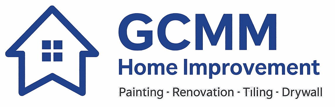 Logo for GCMM Home Improvement featuring a blue house icon and text: GCMM Home Improvement. Painting – Renovation – Tiling – Drywall.